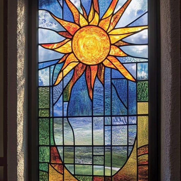 Pellicola per la privacy artistica vibrante con tema solare per vetrate colorate su misura per porte in vetro e spazi per uffici