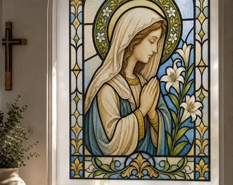 Virgin Mary Lily Stained Glass Effect Window Film, Art Deco Static Cling, Custom Size Available
