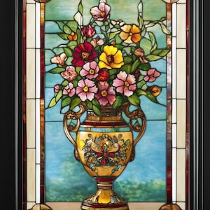 Puede incluir: Una ventana de vitrales que representa un jarrón lleno de flores coloridas. El jarrón está decorado con detalles dorados y rojos. El fondo es un cielo azul con follaje verde.