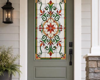 Front Door Printed Stained Glass Effect Film with Green Floral Scroll Medallion, Custom Size Available