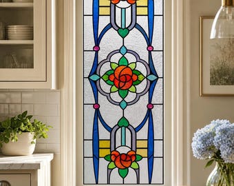 Art Nouveau Orange Teal Diamond, Stained Glass Window Film, Custom Size