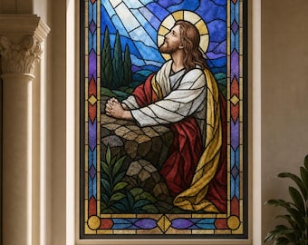 Blue Green Stained Glass Effect Static Cling with Praying Jesus, Custom Size Window Film