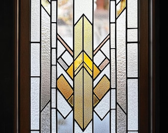 Custom Size Art Deco-Inspired Stained Glass Film Bold Geometric Pattern with Textured Glass and Warm Yellow Highlights for Doors and Windows