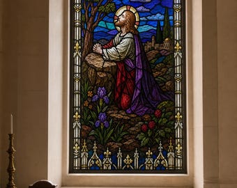 Privacy for Glass With Praying Christ Garden Scene Window Film, Custom Size Static Cling Stained Glass Effect