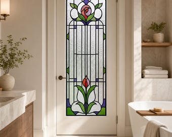 Frosted White Stylized Rose Leaf Clusters, Stained Glass Window Film, Custom Size