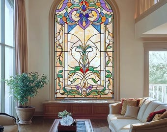 Custom Size Stained Glass Window Film with Colorful Floral Design Decorative Privacy Film for Home Living Room or Office Windows