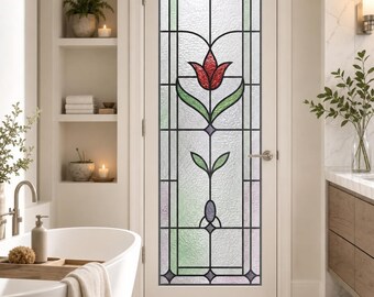 Frosted White Red Tulip Geometric Border, Stained Glass Window Film, Custom Size