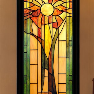 Película de privacidad para ventana con diseño de árbol Sunburst de tamaño personalizado, con vitral abstracto, estática, para puertas de entrada y espacios de meditación.