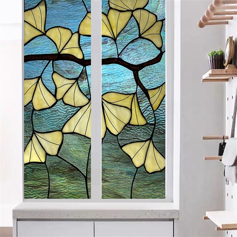 Window Film Stained Glass Ginkgo Leaf Films Frosted Static Etsy
