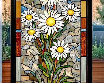 Custom Size Nature-Inspired Daisy Stained Glass Film Vibrant Floral Pattern with Yellow Centers for Windows and Doors