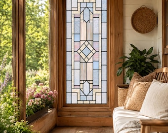 Custom Size Geometric Art Deco Stained Glass Window Film for Porch Privacy Diamond Peel and Stick Glass Decal for Tall Window