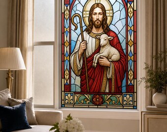 Good Shepherd Window Film, Custom Size Stained Glass Effect Static Cling for Christian Privacy Decor
