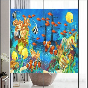 Window Privacy Glass Film Underwater World Pattern Frosted Glass Sticker Static Cling Decor Privacy Custom Made Any Size