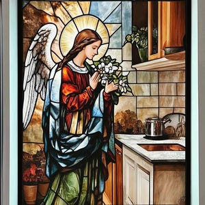 Puede incluir: Una ventana de vitral que representa a un ángel con alas sosteniendo un ramo de flores blancas. El ángel lleva una túnica azul y una túnica roja. El fondo muestra una cocina con una encimera y gabinetes.