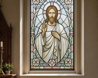 Green Frosted Glass Look Static Cling, Christ Stained Glass Effect Window Film, Custom Size Available
