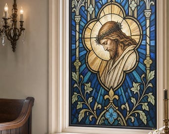 Art Deco Jesus Stained Glass Effect Window Film, Custom Size Static Cling Privacy for Church Style Decor