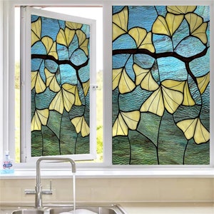 Custom Size Window Film Stained Glass Ginkgo Leaf Films Frosted Static Cling Privacy Glass Sticker Home Decor