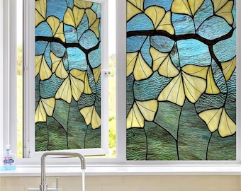 Películas para ventanas a medida con diseño de vidrieras y hojas de ginkgo, efecto esmerilado, adherencia estática, vinilo para ventanas, decoración del hogar.