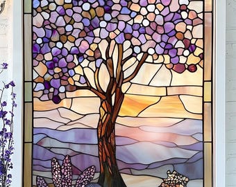 Custom Size Purple Bloom Tree Stained Glass Window Film Scenic Sunset Landscape Privacy Cling Decorative Window Cover for Home Office