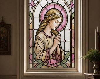 Art Deco Virgin Mary Stained Glass Effect Window Film, Static Cling Custom Size Privacy Decor