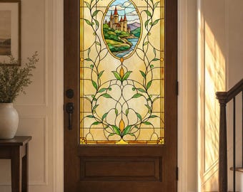 Art Nouveau Castle Landscape Window Film with Green Vines, Custom Size Available