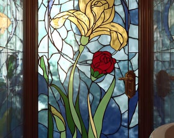 Custom Size Art Deco Rose Stained Glass Window Film Vintage Floral Privacy Static Cling for Bathroom Door Window Elegant Home Decor