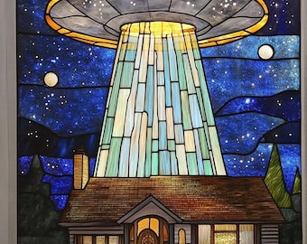 Custom Size Alien Spaceship Stained Glass Window Film Artistic Privacy Cover with Cosmic Design for Sliding Doors and Creative Interiors