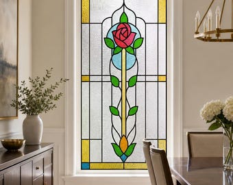 Red Rose Vine Frosted Textured, Stained Glass Window Film, Custom Size