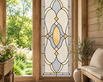 Custom Size Art Deco Stained Glass Window Film for Living Room Privacy Elegant Geometric Peel and Stick Glass Decal for Tall Window