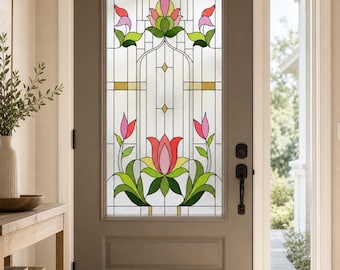 Art Nouveau Tulip Floral Stained Glass Effect Film, Green Pink, Custom Size Available