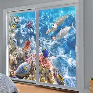 Decorative Window Film Frosted Stained Glass Design Custom Privacy Static Cling Underwater World Pattern