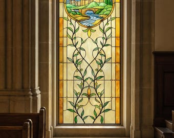 Stained Glass Window Film, Art Nouveau Golden Yellow Castle Landscape, Custom Size