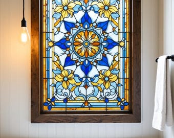 Custom Size Faux Stained Glass Blue Yellow Mandala Cling Removable Decorative Film for Doors, Shower Enclosures, and All Glass Surfaces
