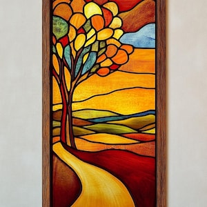Puede incluir: Un diseño de vitral que presenta un árbol estilizado con un camino sinuoso que conduce a través de un paisaje de colinas y un cielo de puesta de sol. Los colores son vibrantes e incluyen tonos de naranja, amarillo, rojo, verde y azul.