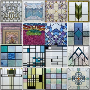 Könnte beinhalten: Eine Sammlung von 16 Buntglasfenstern mit verschiedenen Mustern und Farben, darunter Blau, Grün, Lila und Gelb. Die Designs umfassen geometrische Formen, florale Motive und abstrakte Muster.
