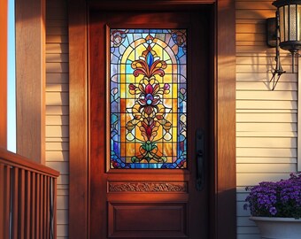 Custom Size Vintage Stained Glass Window Film Floral Frosted Privacy Static Cling for Front Door Entry Door Decorative Window Cover