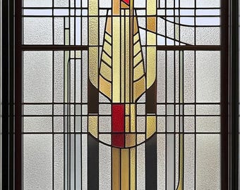 Custom Size Art Deco Stained Glass Film Geometric Pattern with Textured Glass and Warm Yellow Accents for Door and Window Decor