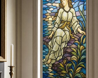 Church Window Printed Stained Glass Effect Film, Art Deco Woman by Water Static Cling, Custom Size Available