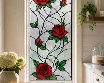 Stained Glass Window Film, Art Nouveau Red Frosted Textured, Custom Size
