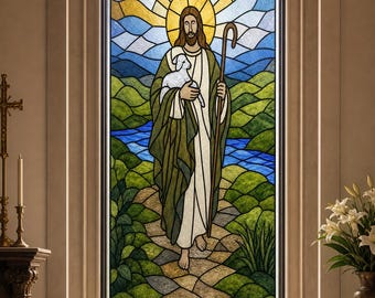Church Window Printed Stained Glass Effect Film, Good Shepherd Static Cling, Custom Size Available