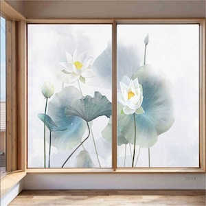 Frosted Stained Glass Films Privacy Static Cling  Lotus Pattern Window Film Ideal for Office and Home