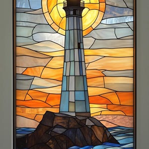 May include: Stained glass panel showing a lighthouse on a rocky outcrop against a sunset. The lighthouse is grey and blue, with a bright yellow light. The sea is blue, and the sky is orange and yellow, creating a warm, inviting scene.