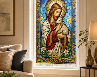 Privacy Stained Glass Effect Film with Jesus and Lamb, Custom Size Static Cling for Smooth Glass Windows