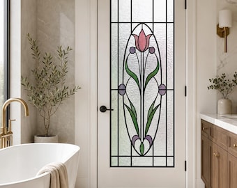 Stained Glass Window Film, Art Nouveau Frosted White Rectangular Border, Custom Size