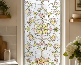 Art Nouveau Frosted White Rosette Flower, Stained Glass Window Film, Custom Size