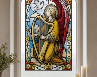 Frosted Angel Harp Static Cling Window Film, Art Deco Stained Glass Effect, Custom Size Available