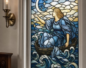 Art Deco Celestial Stained Glass Effect Window Film, Moonlit Sea Static Cling, Custom Size Available