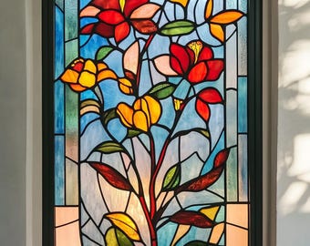 Custom Size Elegant Floral Stained Glass Privacy Film Multicolored Flower Design for Bathroom and Living Room Windows Covering Reusable