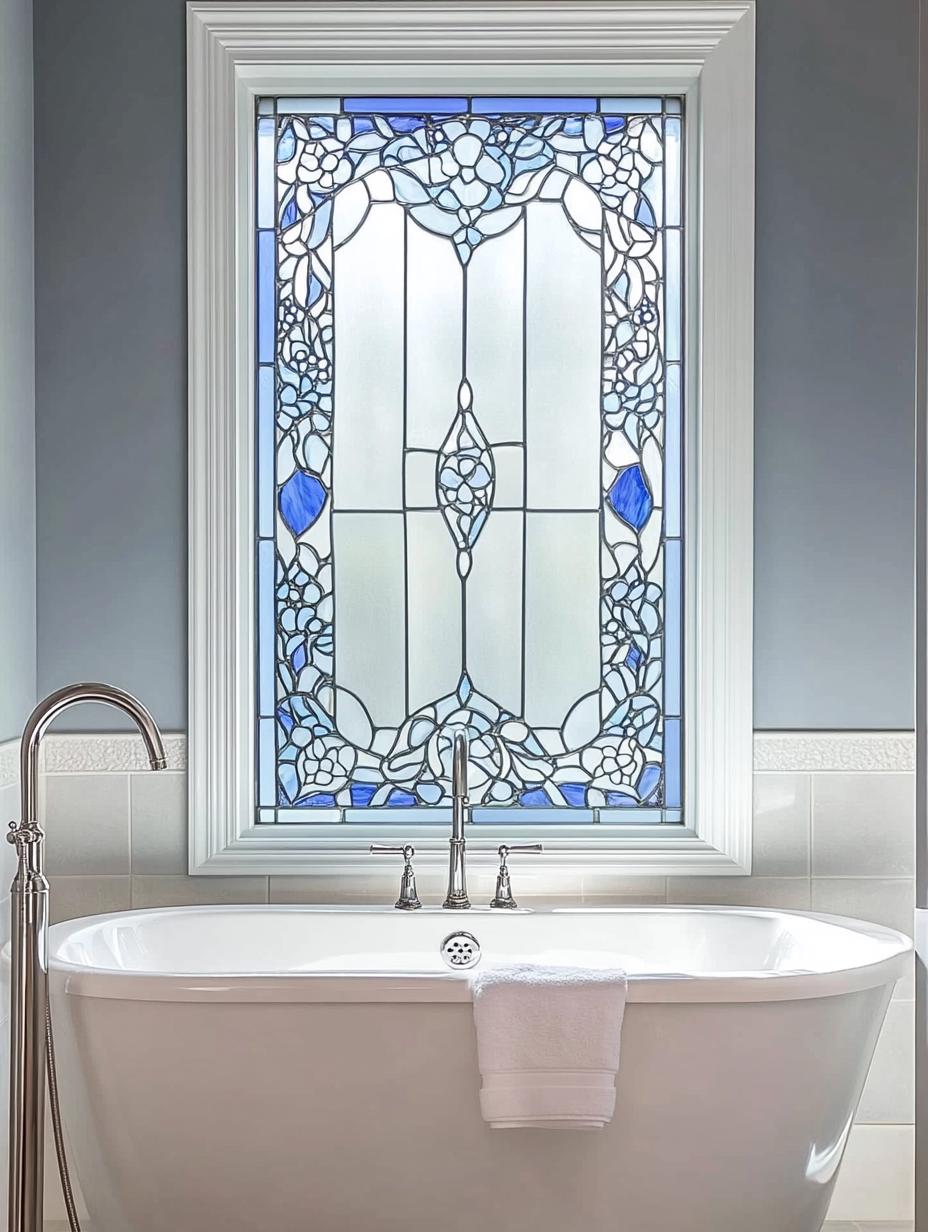 Custom Size Stained Glass Privacy Window Panel Elegant Blue and White Floral Design with Intricate Patterns for Home Decor