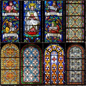 May include: A stained glass window with colorful geometric patterns and figures. The window is divided into nine sections, with each section featuring a different design. The top row features three figures with names "Daniel", "Jonas", and "Abdias". The middle row features a figure with a crown and a floral design, and two more figures with names "Zacharias" and "Abdias". The bottom row features three sections with geometric patterns.